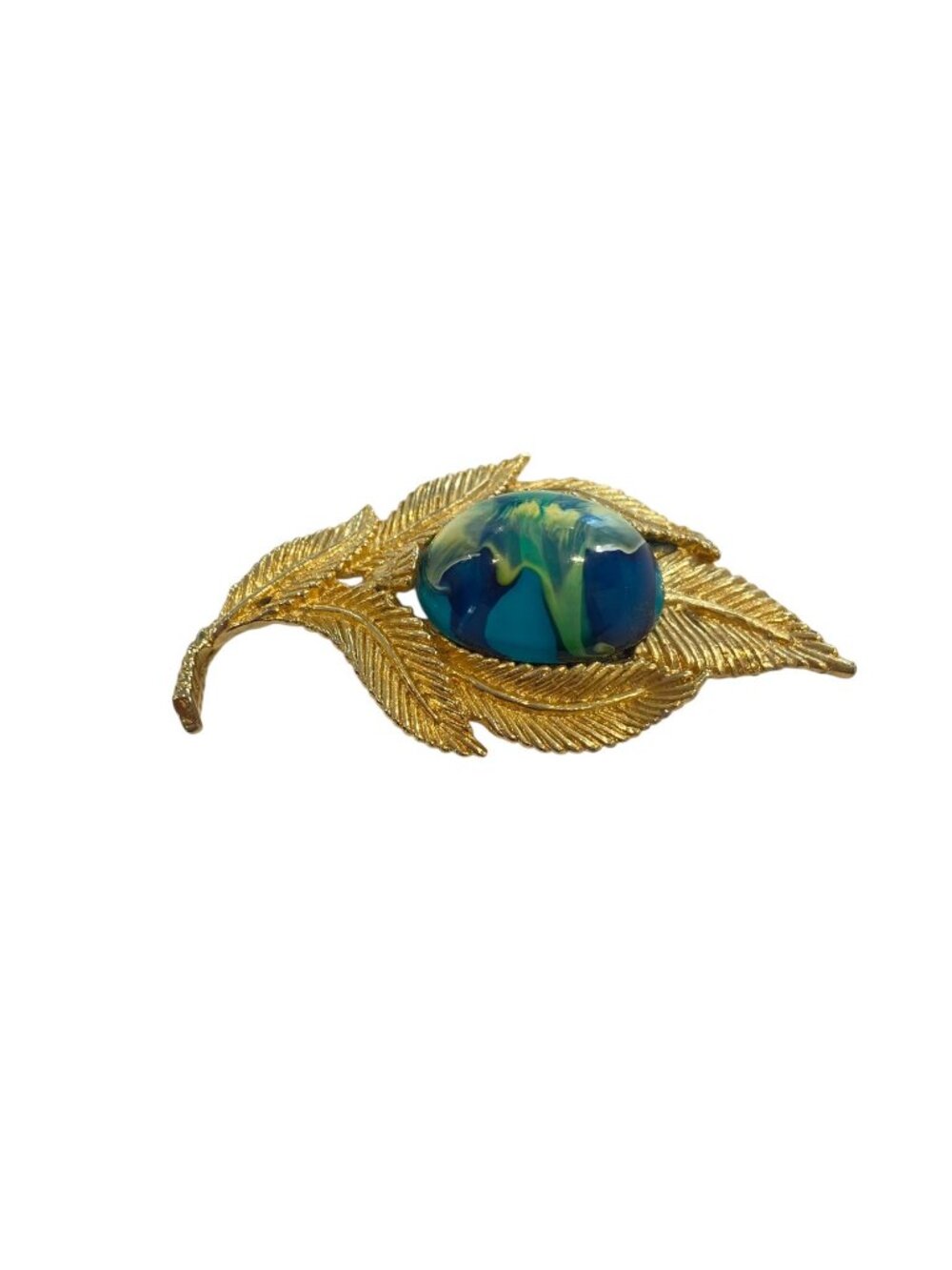 Gold-Tone Leaf Brooch With Blue & Green Swirl Cabochon 2.5 Inches Artist fermini - Picture 8 of 16
